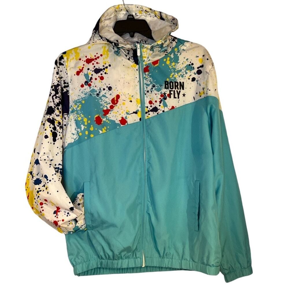 Born Fly Splatter Print Color Block Windbreaker Jacket Size L Retro Streetwear